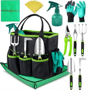 81x1c9GpjJL._AC_SX679_ Heavy Duty Gardening Tools - Gardening Gifts for Women, Men, Mom, Dad - Durable, Ergonomic Garden Tools Set (Green with Potting Mat)